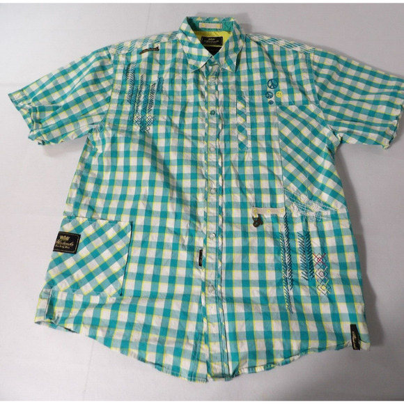 Akademiks Shirt XL Plaid Teal Yellow White Button Up Y2K Hip Hop Colorful Logo C - Picture 2 of 13